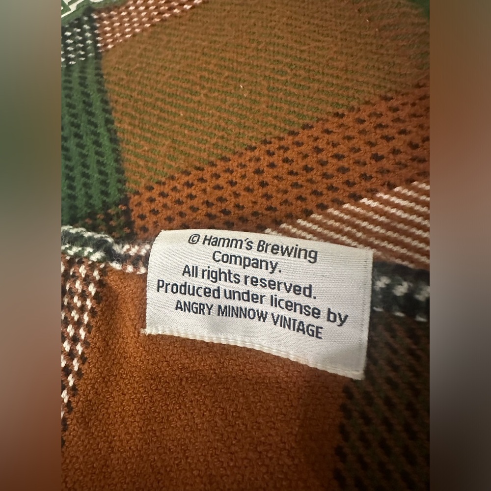 Men’s Angry Minnow Hamm’s Beer Fishing Club Brown/ Green Plaid Flannel- 2XL - Picture 15 of 16